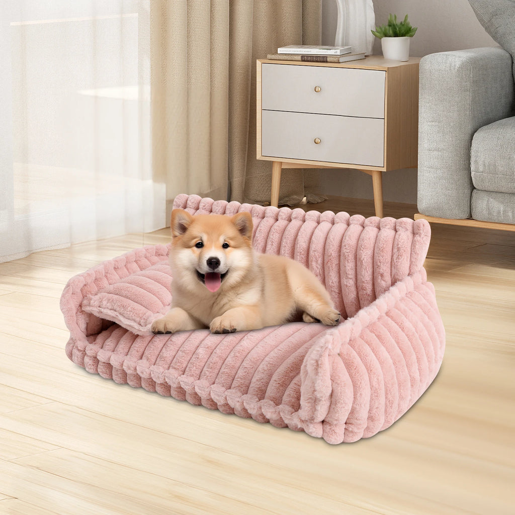 Fluffy Pet Couch Bed with Removable Washable Cover, Soft Rabbit Plush Cat Dog Bed, Pink Couch for Small Pets L Size