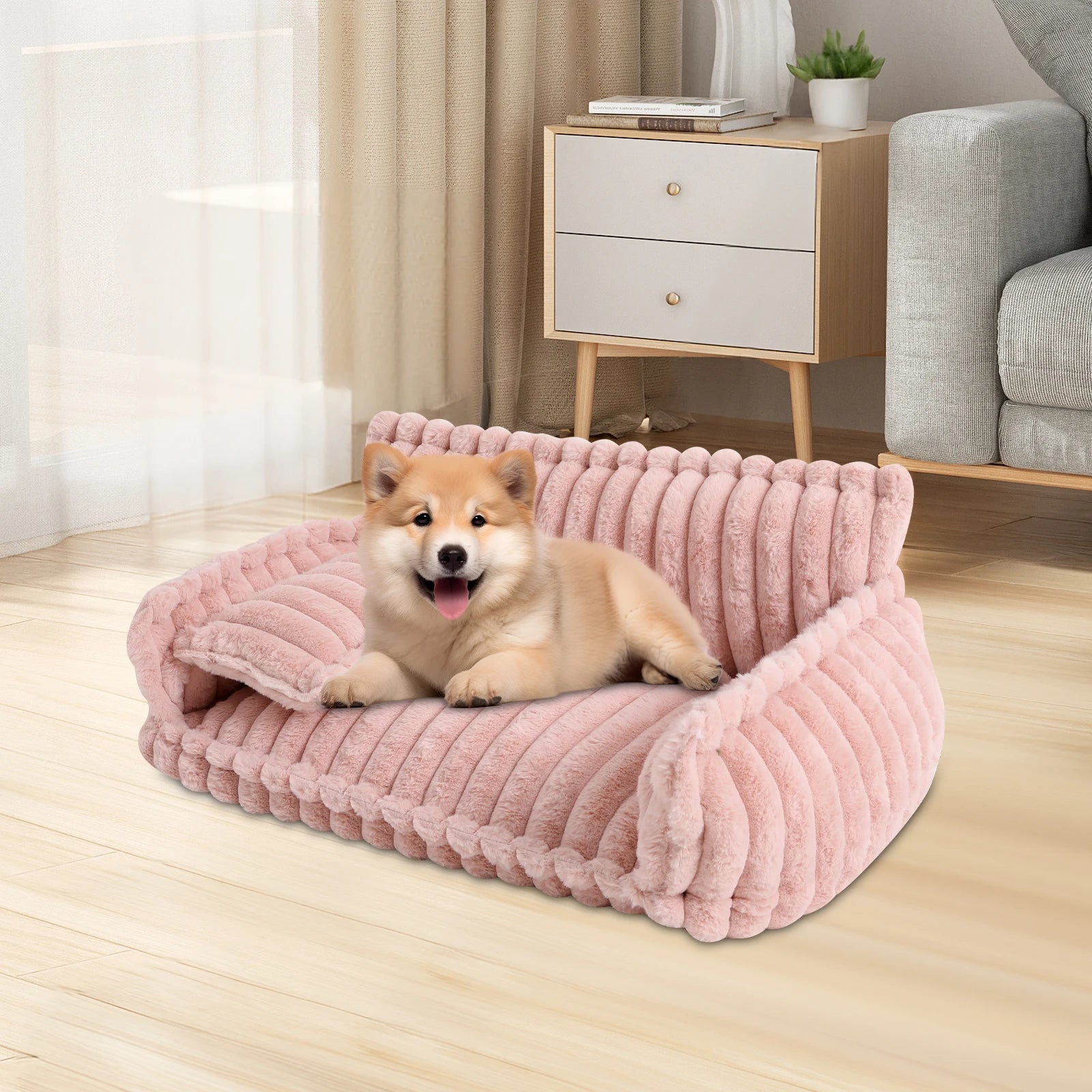 Fluffy Pet Couch Bed with Removable Washable Cover, Soft Rabbit Plush Cat Dog Bed, Pink Couch for Small Pets L Size