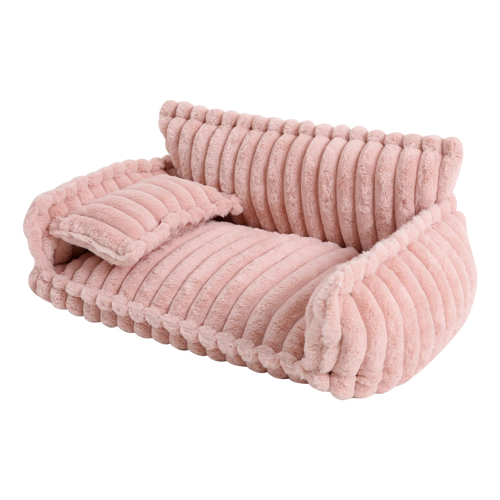 Fluffy Pet Couch Bed with Removable Washable Cover, Soft Rabbit Plush Cat Dog Bed, Pink Couch for Small Pets L Size