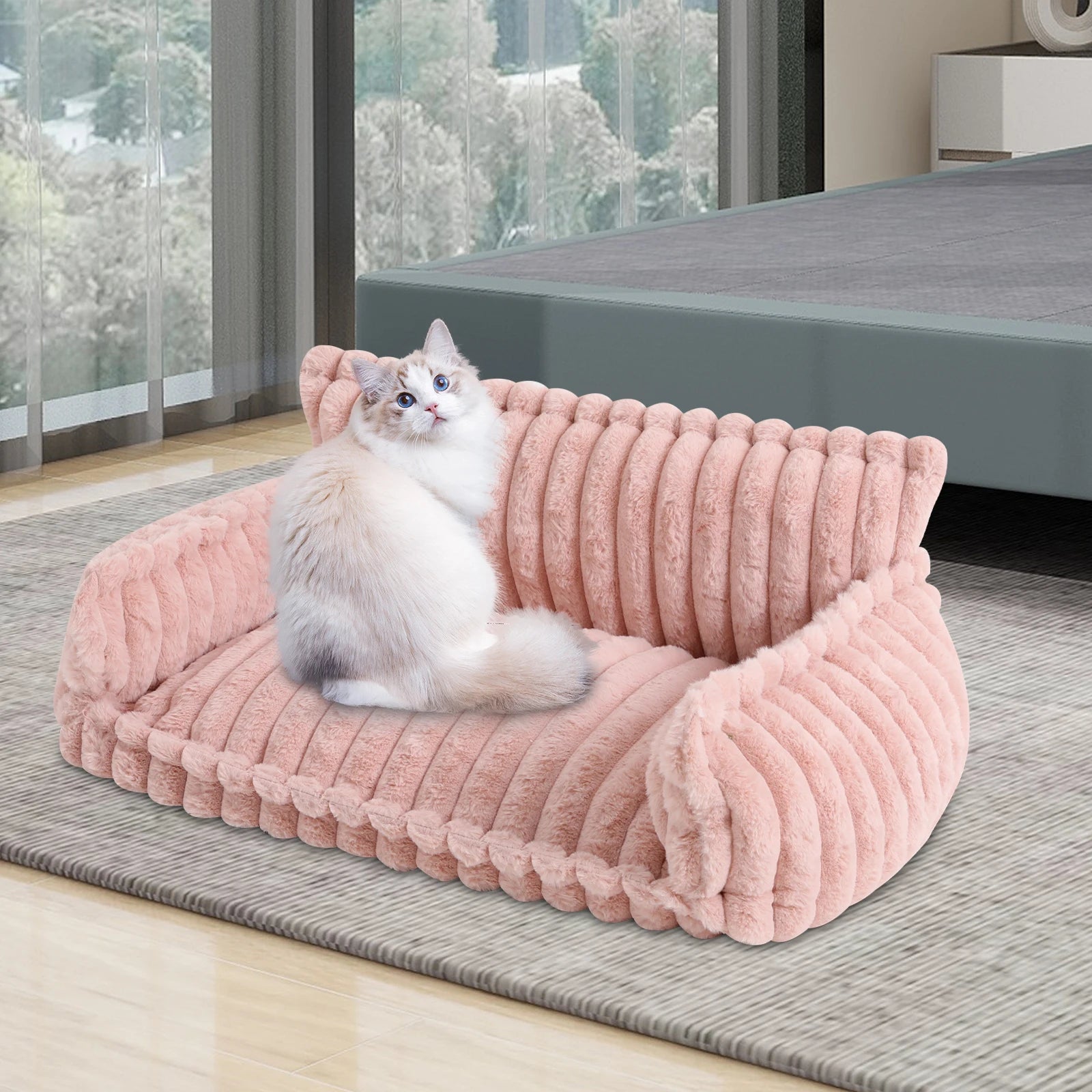 Fluffy Pet Couch Bed with Removable Washable Cover, Soft Rabbit Plush Cat Dog Bed, Pink Couch for Small Pets L Size