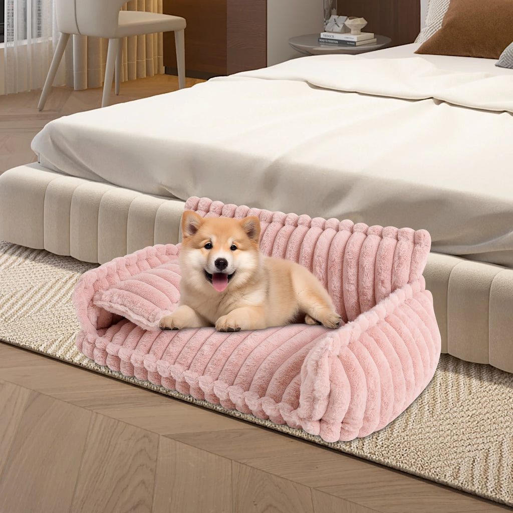 Fluffy Pet Couch Bed with Removable Washable Cover, Soft Rabbit Plush Cat Dog Bed, Pink Couch for Small Pets L Size