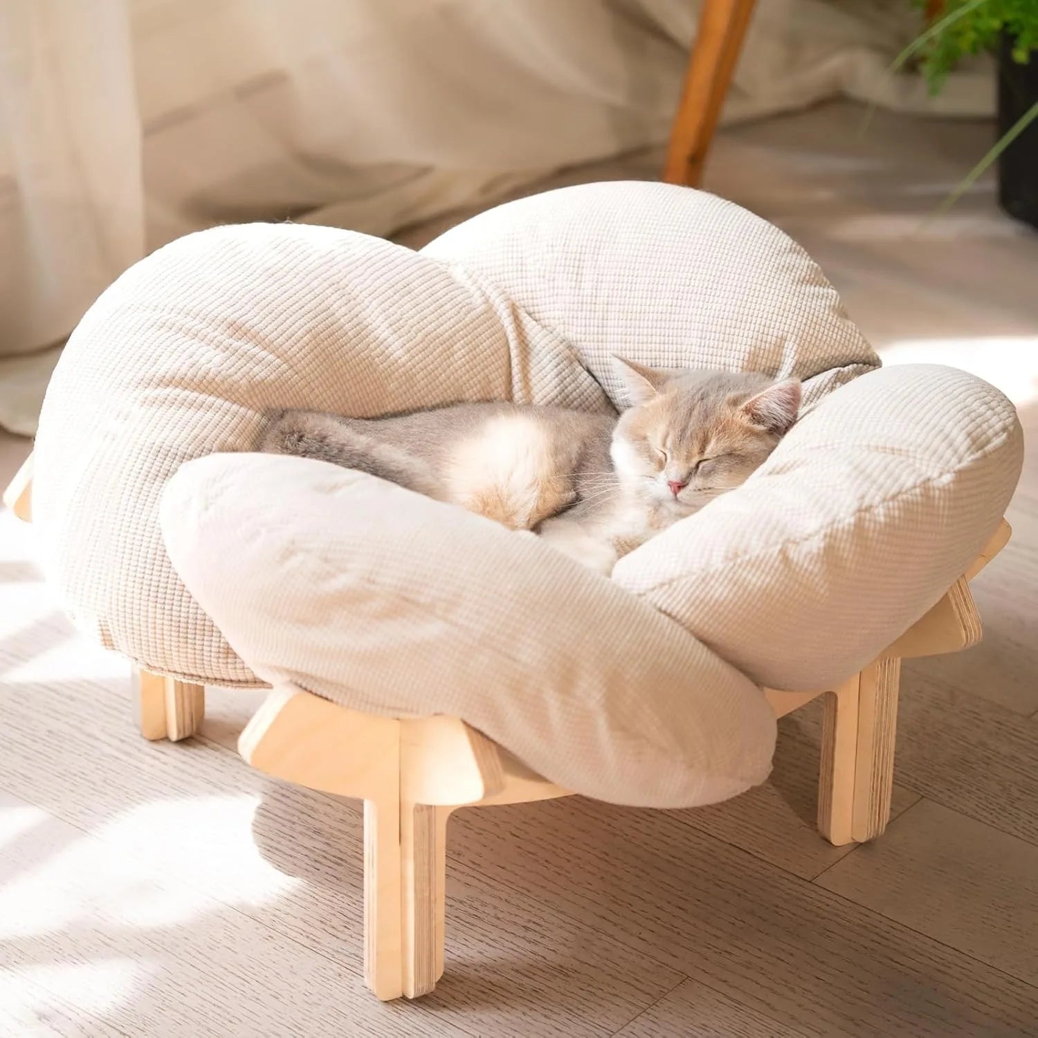 Wooden Cat Lounger with Soft Cushion