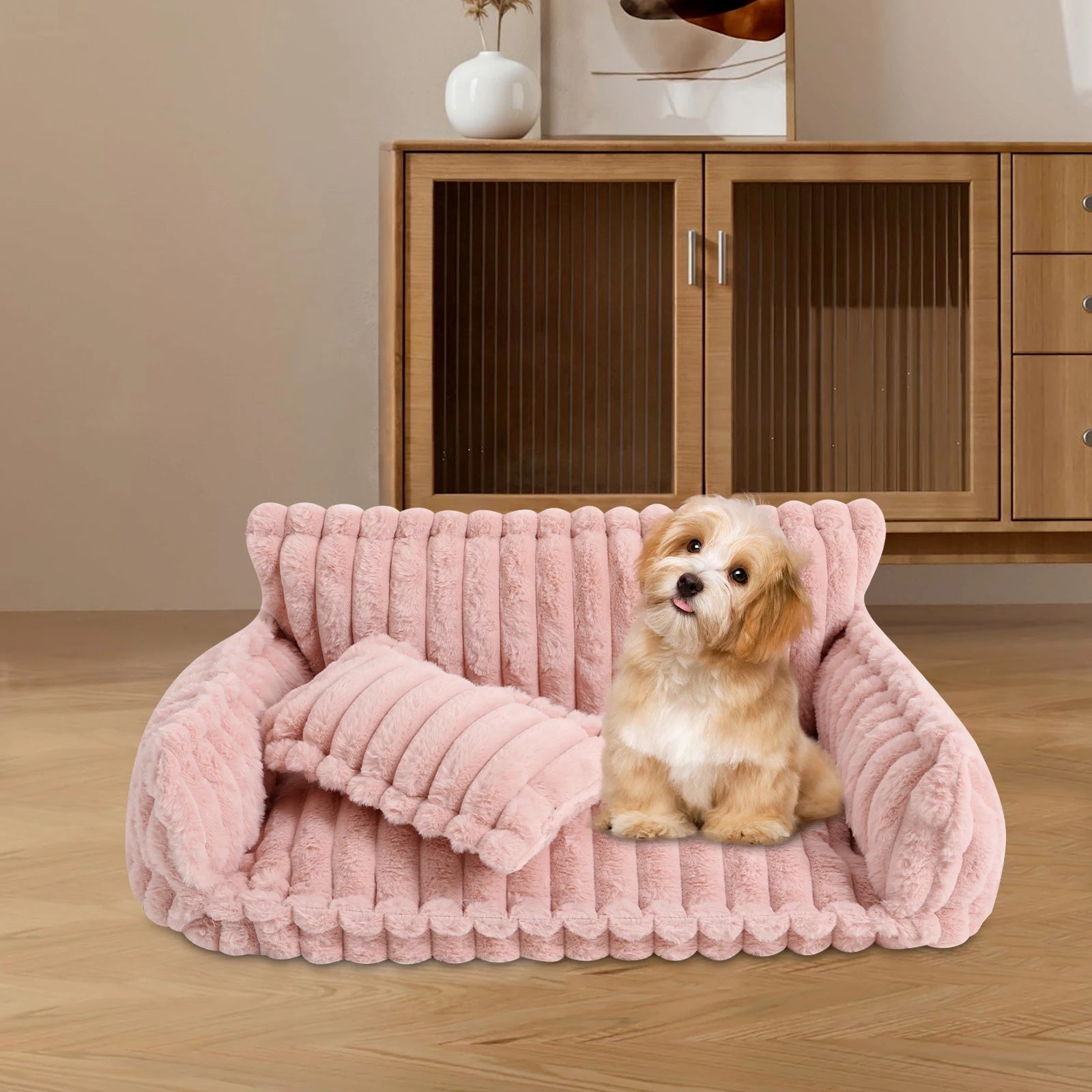 Fluffy Pet Couch Bed with Removable Washable Cover, Soft Rabbit Plush Cat Dog Bed, Pink Couch for Small Pets L Size