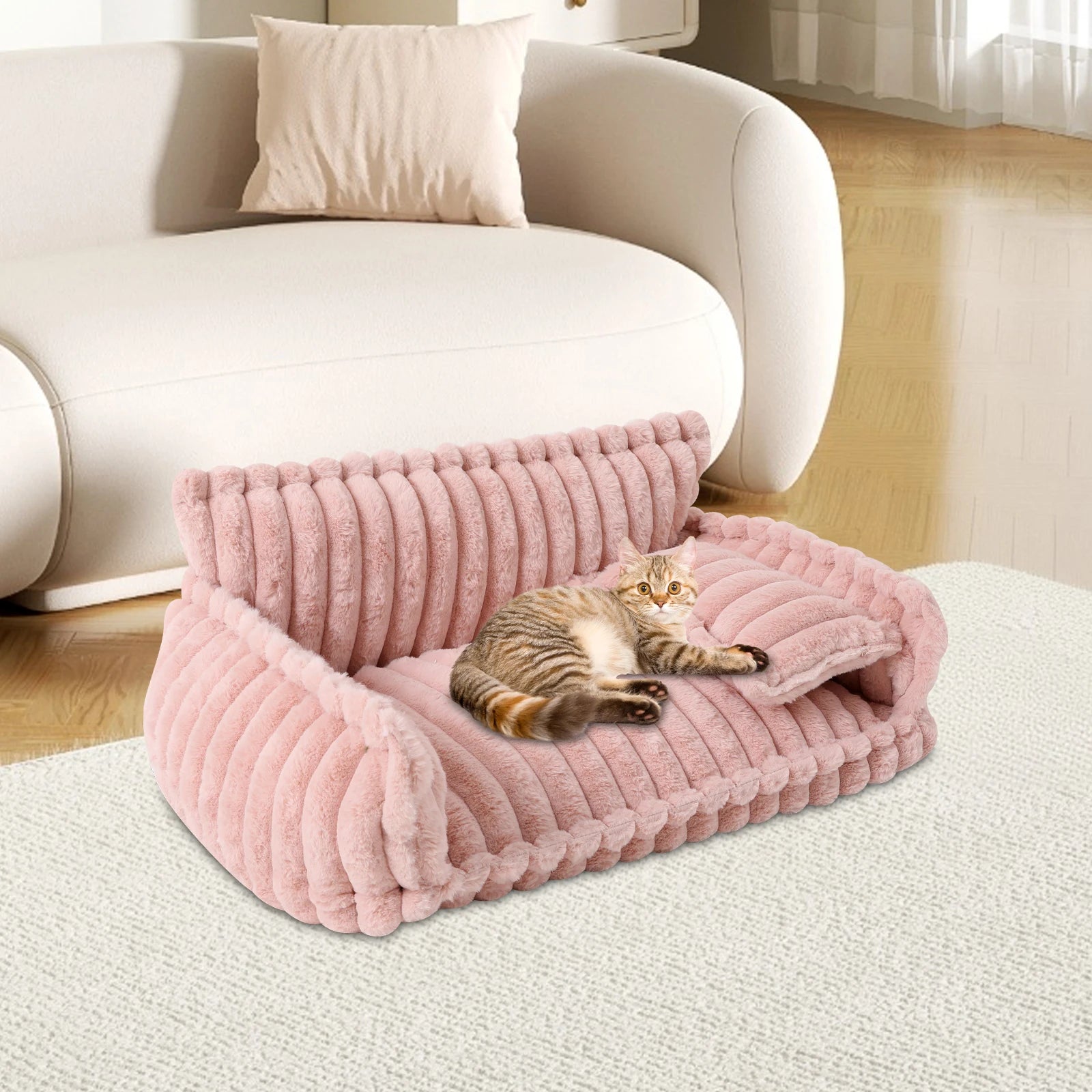 Fluffy Pet Couch Bed with Removable Washable Cover, Soft Rabbit Plush Cat Dog Bed, Pink Couch for Small Pets L Size